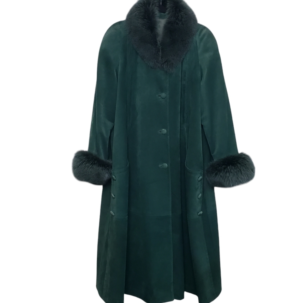 Vintage Sportmaster Coat Women's Size 10 Faux Fur Trim Green Suede Midi